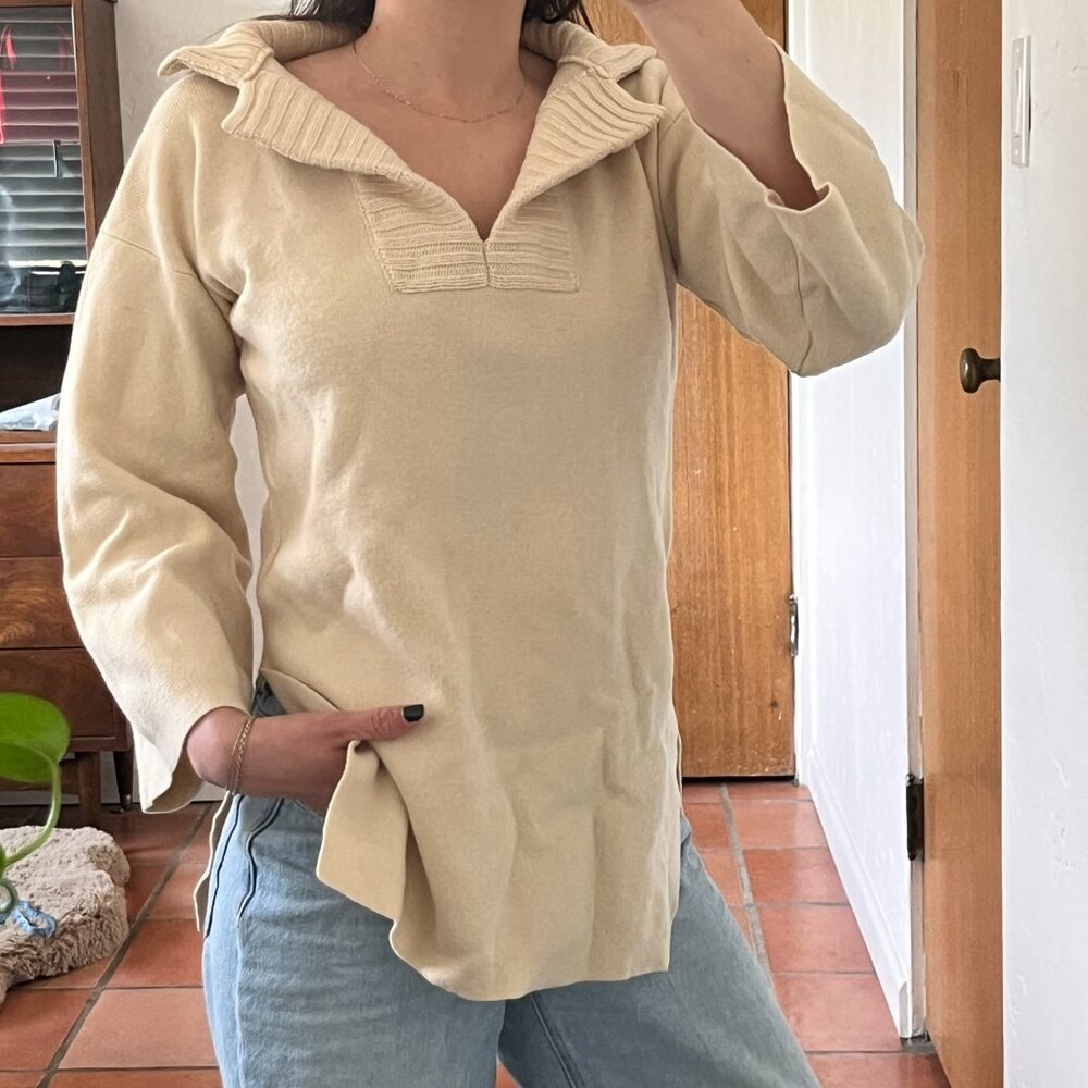 Vtg Bonnie Cashin Ivory Wool Tunic Sweater Collar Side Slits M - Picture 4 of 10